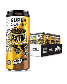 SUPER COFFEE XXTRA mocha can label shows 7g protein and zero added sugar.