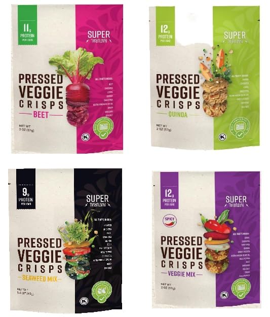 Super Natural Snack beet crisps in bag; earthy flavor and protein benefit.