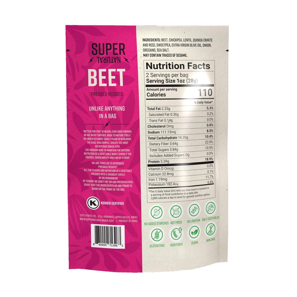 Close-up of Super Natural Snack pressed veggie crisps; vibrant colors and crisp texture.