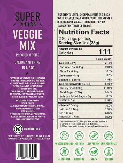 Super Natural Snack quinoa crisps bag; nutty flavor and fiber-rich snack.