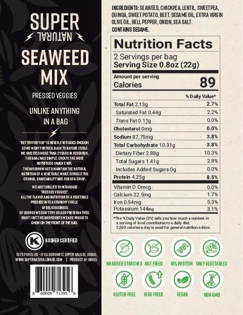 Super Natural Snack seaweed mix crisps bag; umami taste and protein in every bite.