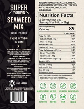 Super Natural Snack seaweed mix crisps bag; umami taste and protein in every bite.