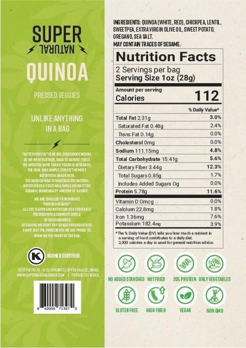 Super Natural Snack veggie mix crisps bag; savory blend with added fiber.