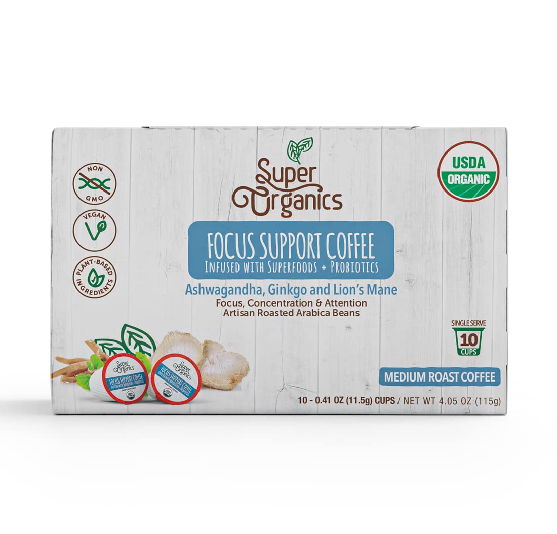 Super Organics ashwagandha-ginger-ginseng-cinnamon blend sits in the focus coffee.