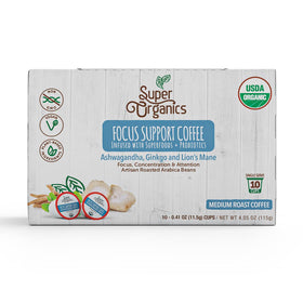 Super Organics ashwagandha-ginger-ginseng-cinnamon blend sits in the focus coffee.