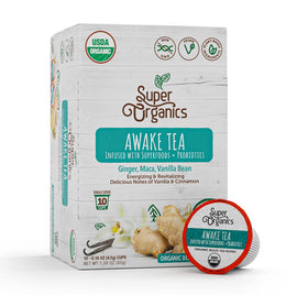 Super Organics Awake Black Tea Pods brewing a steaming cup with bold flavor and clean energy.