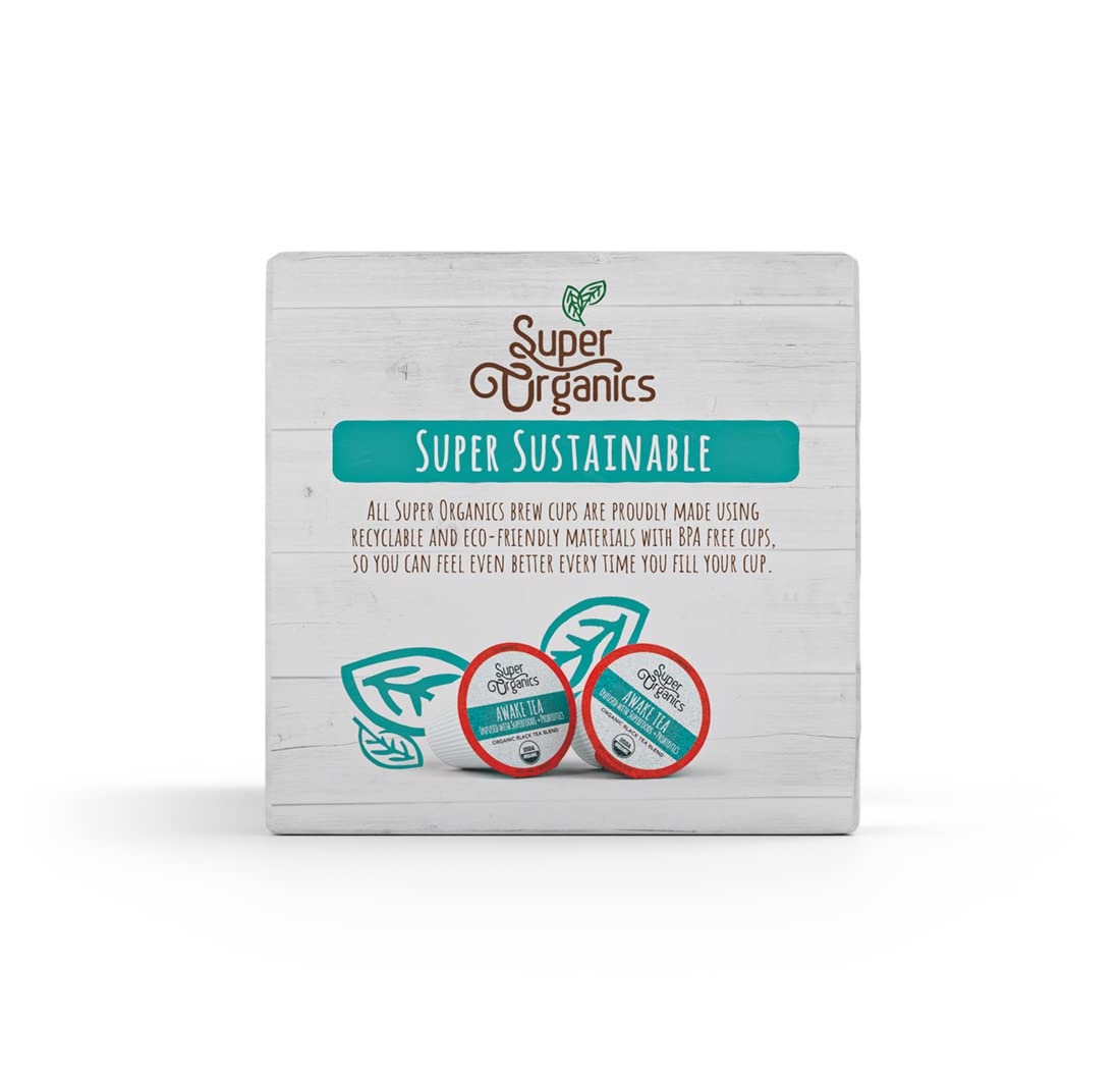 Organic label on Super Organics Awake product highlighting USDA Organic and vegan ingredients.