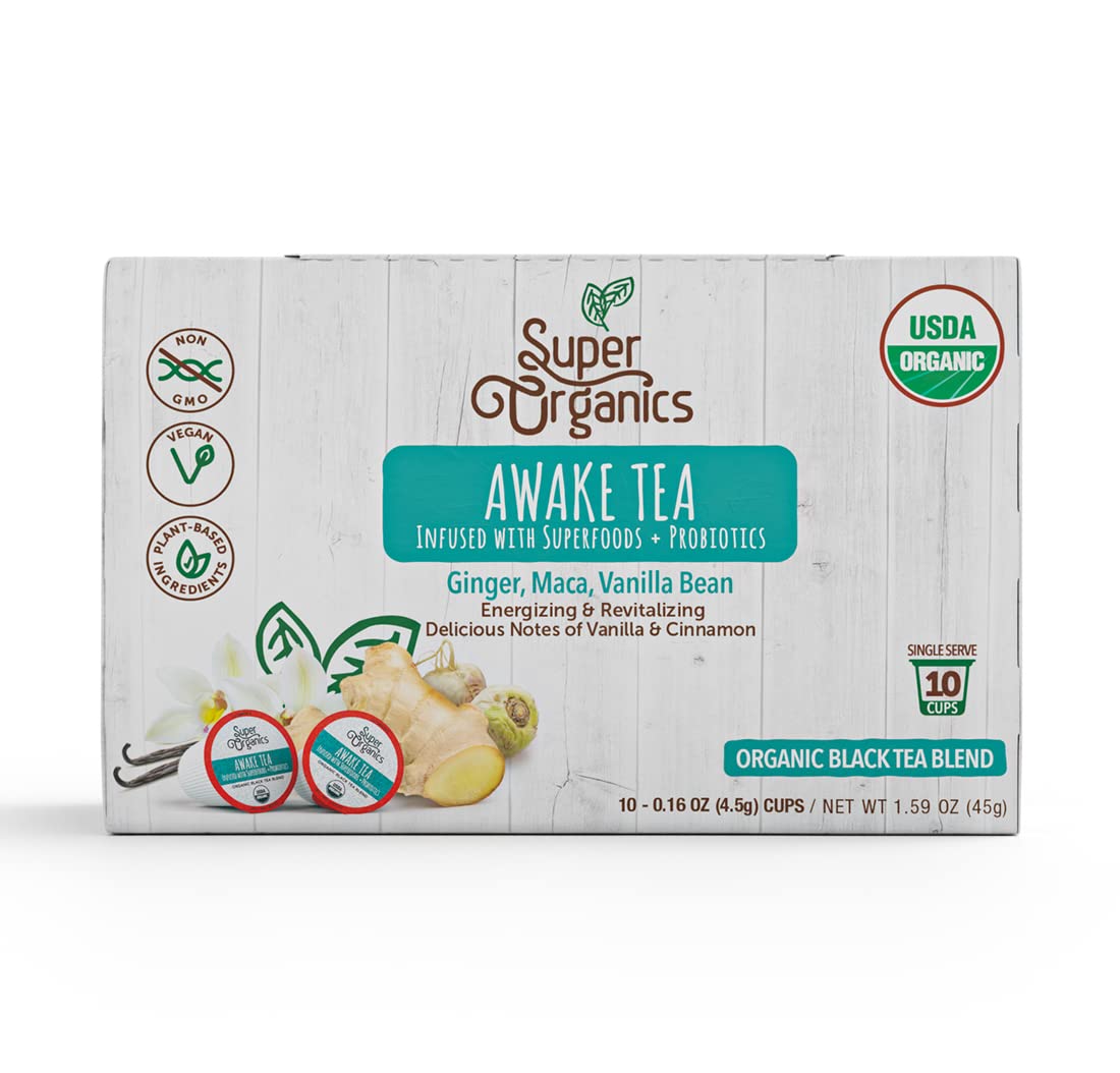 Close-up of Super Organics Awake Tea Pod showing probiotics for gut-friendly notes.