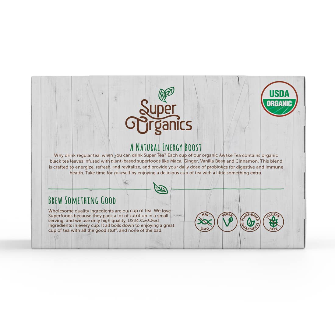 Eco-friendly packaging for Super Organics Awake tea pods with recyclable filter.