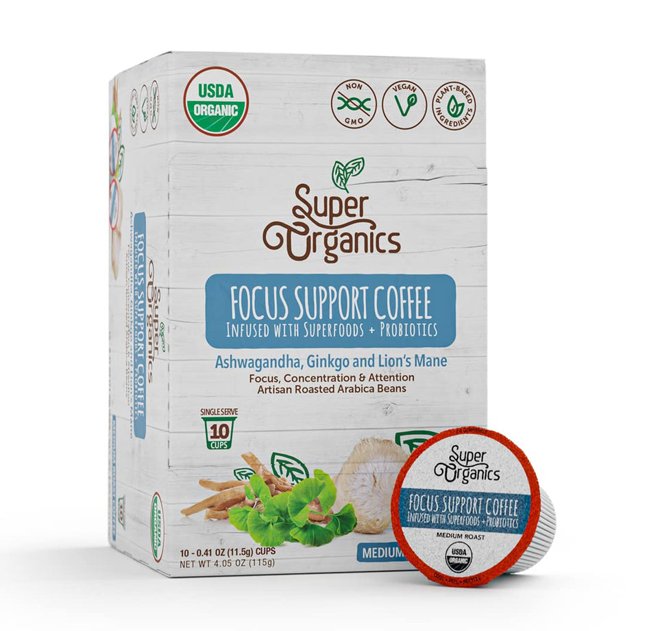 Super Organics Focus Support Coffee cup in view, with a daytime focus aroma.