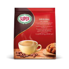 Super Original 3 in 1 coffee pack back shows halal certification and essentials.