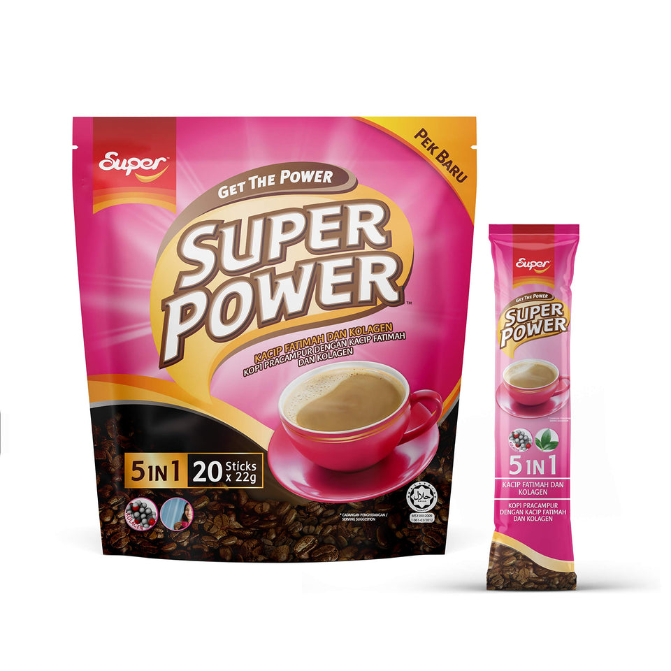 SUPER Power 5in1 Coffee with Collagen product shot showing the coffee blend for daily energy.