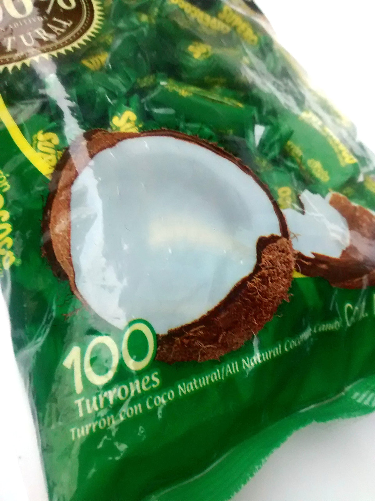 Supercoco Turron coconut candy ingredients closeup, highlights all-natural components for a wholesome treat.