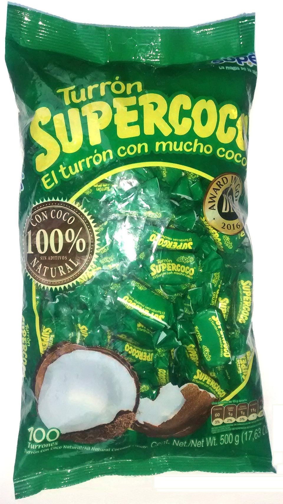 Supercoco Turron coconut candy packshot, a natural snack ideal for sharing at gatherings.