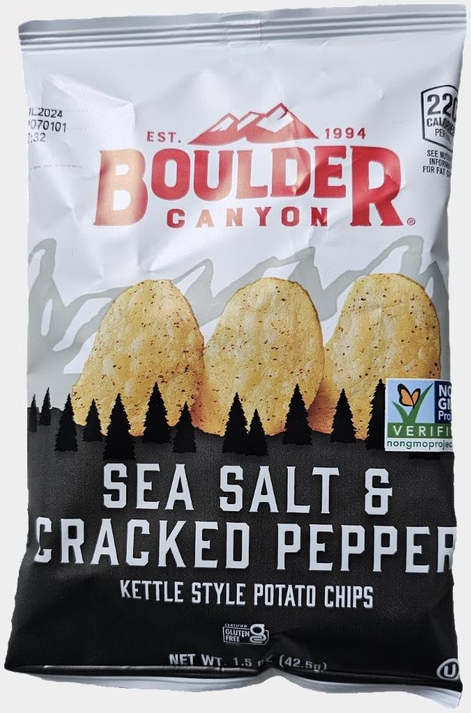 SUPERDEALS Boulder Canyon chips close-up highlighting pepper kick and sea salt flavor.