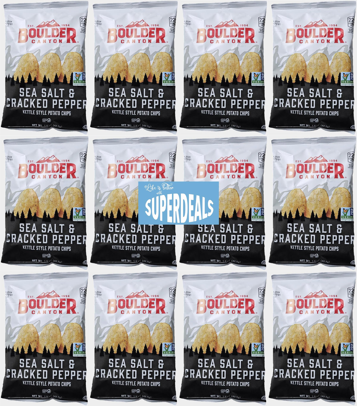 SUPERDEALS Boulder Canyon sea salt cracked pepper chips front pack with kettle-cooked crunch.