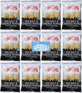SUPERDEALS Boulder Canyon sea salt cracked pepper chips front pack with kettle-cooked crunch.