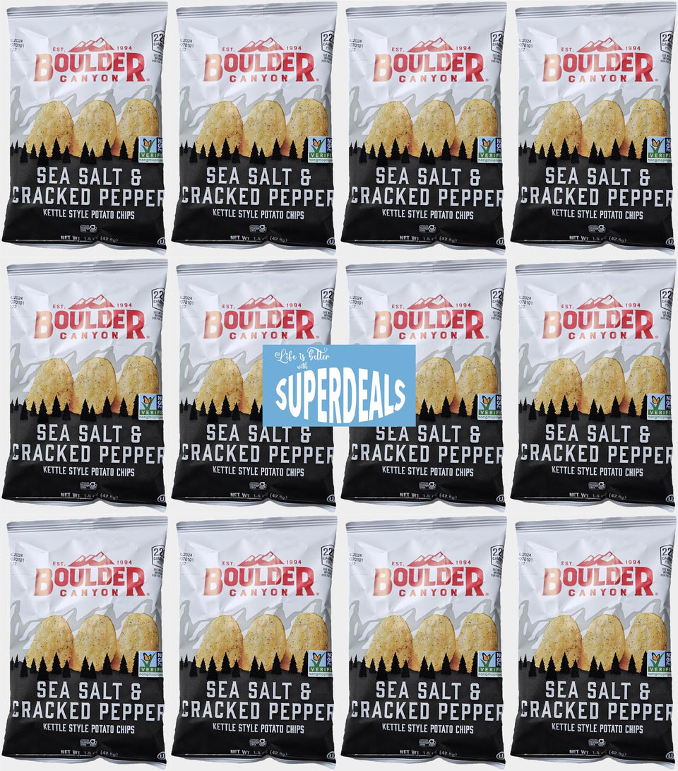 SUPERDEALS Boulder Canyon sea salt cracked pepper chips front pack with kettle-cooked crunch.