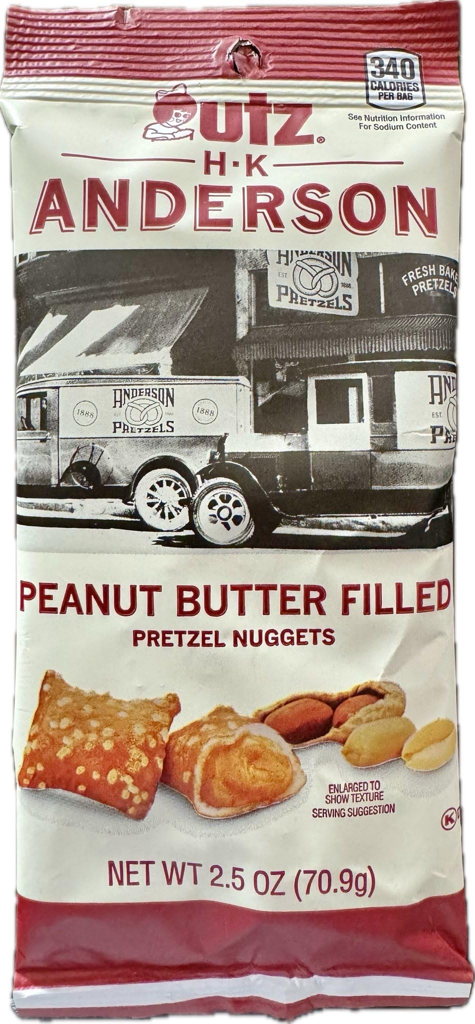 Close-up of creamy peanut butter filling inside a HK Anderson pretzel nugget.