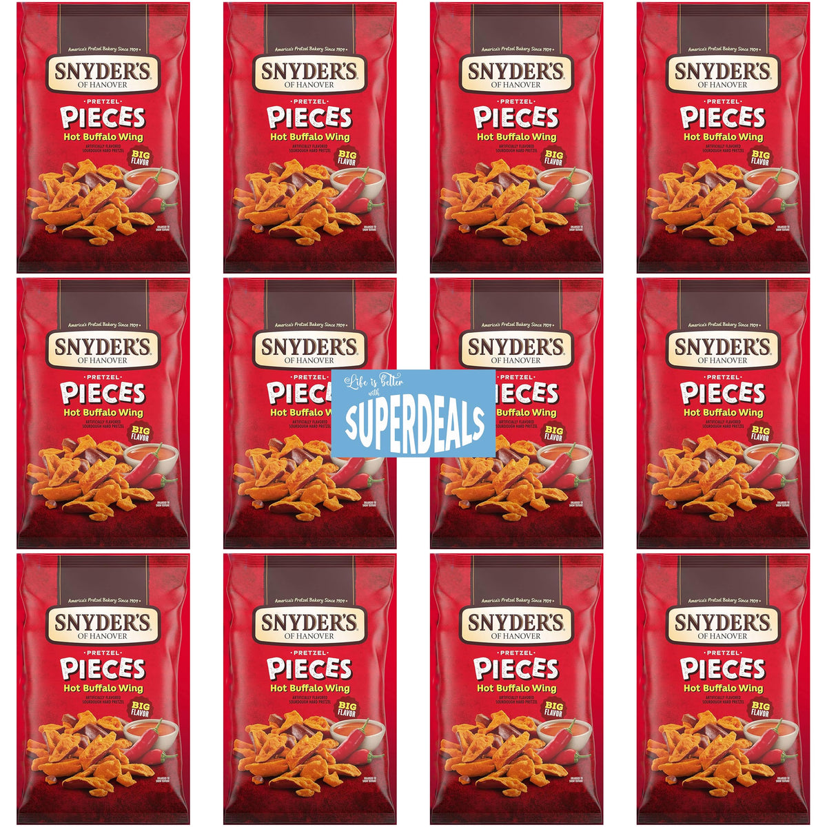Snyder's of Hanover hot buffalo wing pretzel pieces bag front for bold snacking
