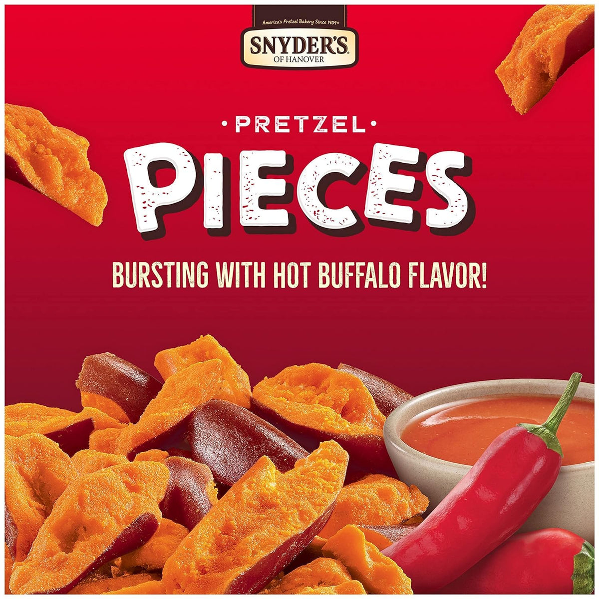 Close-up of crunchy Snyder's hot buffalo wing pretzel pieces