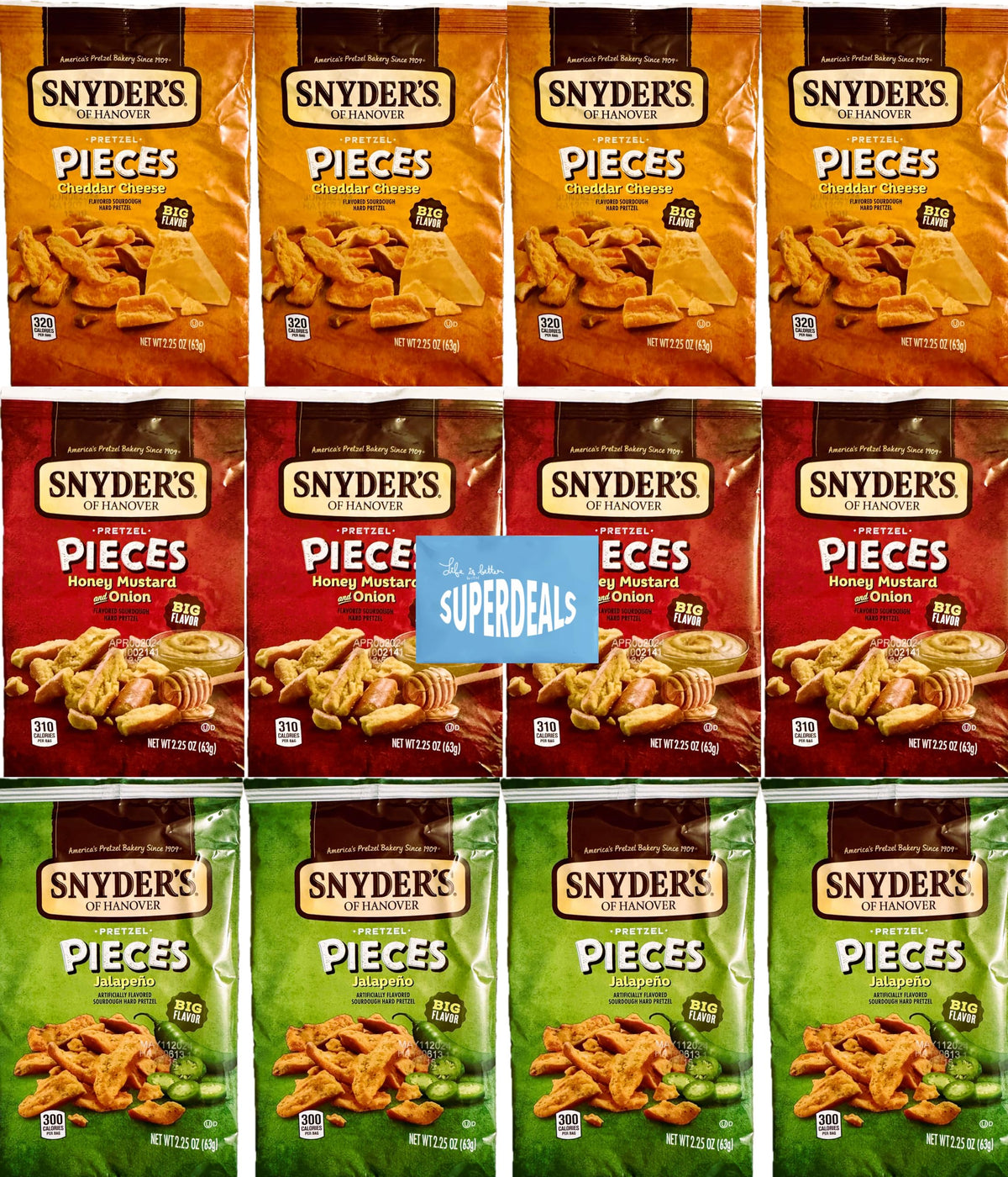 SUPERDEALS Snyder's Pretzel Pieces cheddar close-up showing bold cheddar flavor for snacking