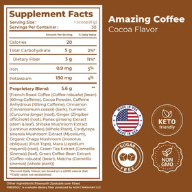 Superfoods Company Amazing Coffee 12-superfoods blend supports alertness, metabolism, and mood during work.