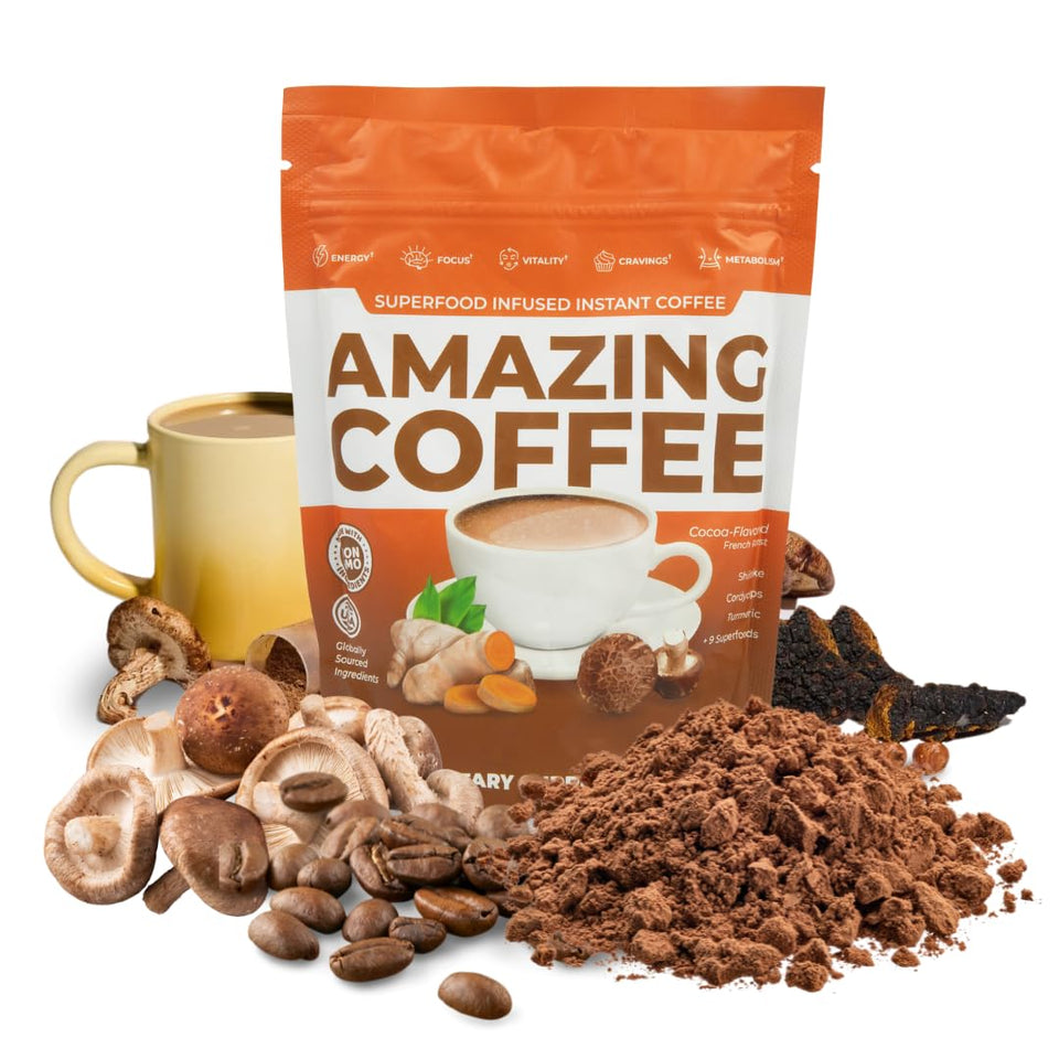 Superfoods Company Amazing Coffee French roast cocoa in a jar delivers bold flavor and energy.
