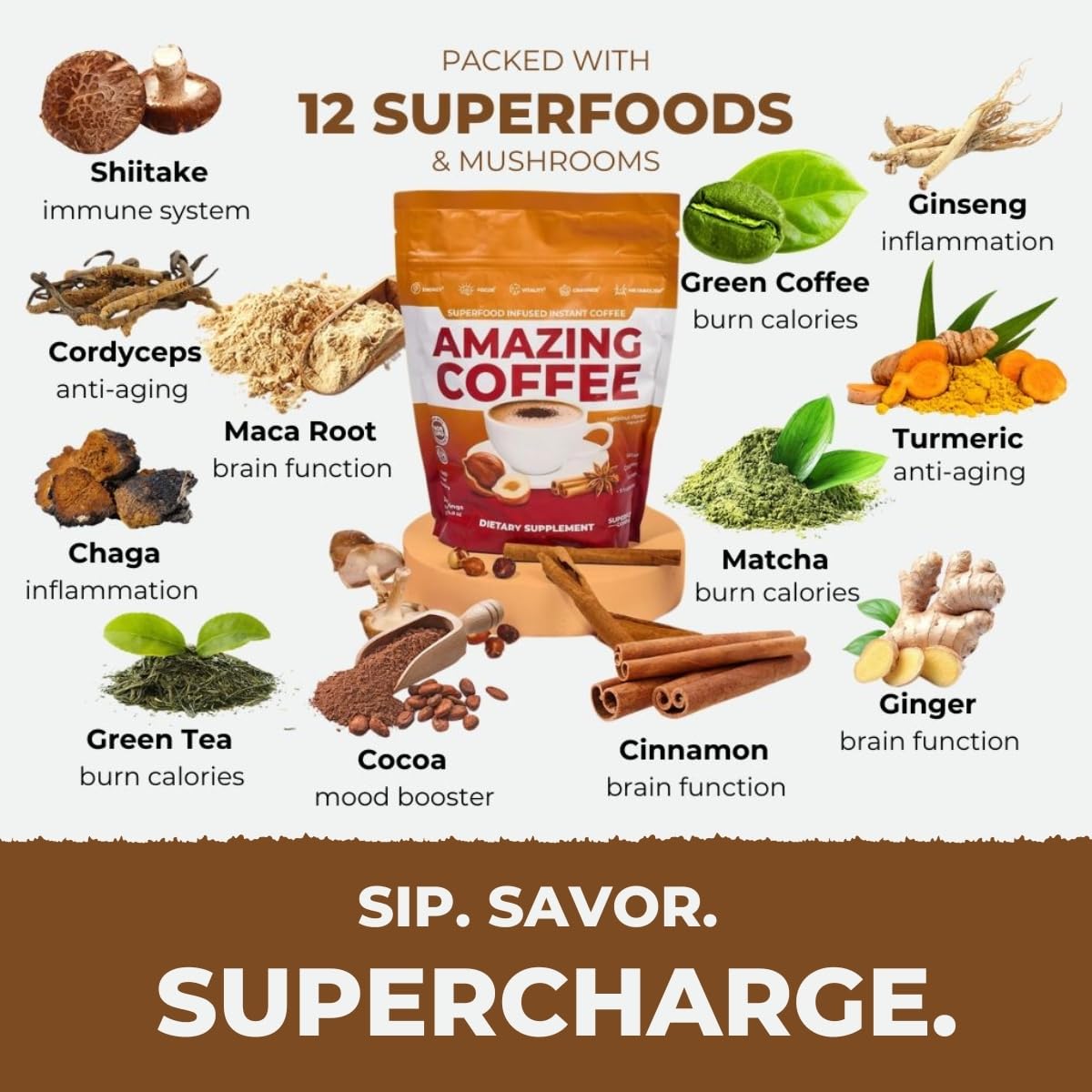 Superfoods Company Amazing Coffee cafe-style aroma helps start mornings with a calm, steady energy.