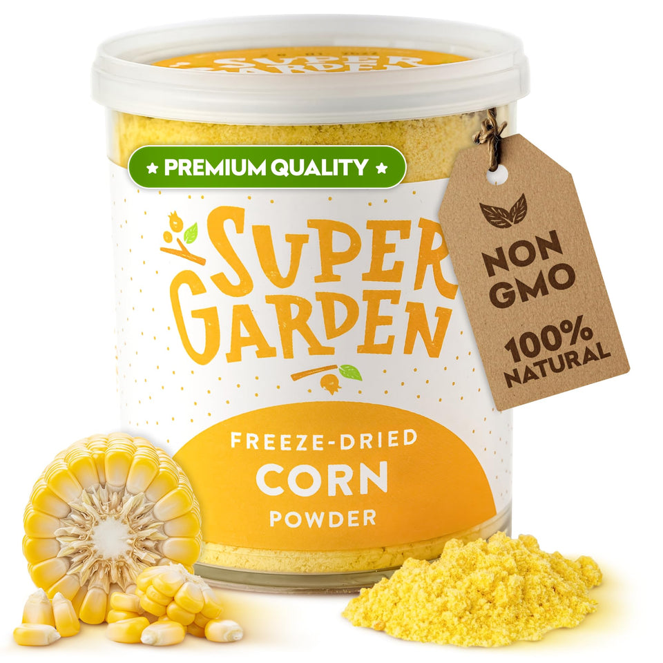Supergarden freeze-dried corn powder bottle showcases natural flavor and pantry nutrition.