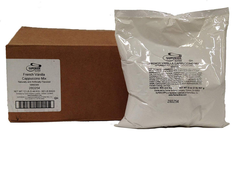 Superior French Vanilla Cappuccino Mix packaging shows six 2-lb bags for busy cafés.
