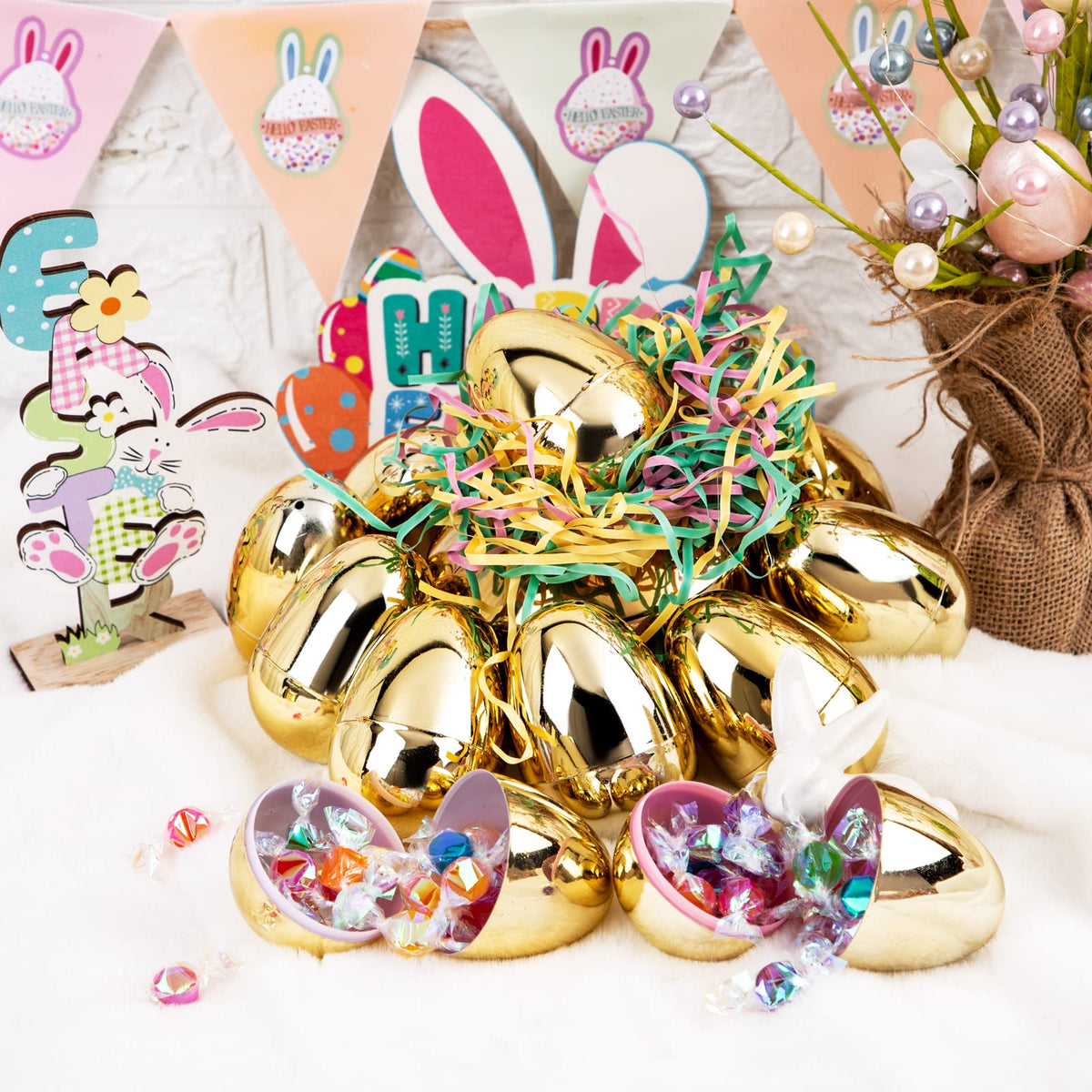 Supernal golden Easter Egg with shiny metallic surface for party decor.
