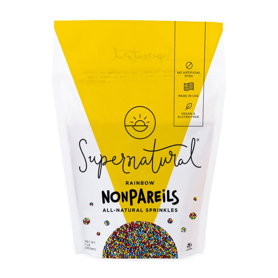 Supernatural Rainbow Nonpareils pour from bag for dye-free color on pastries