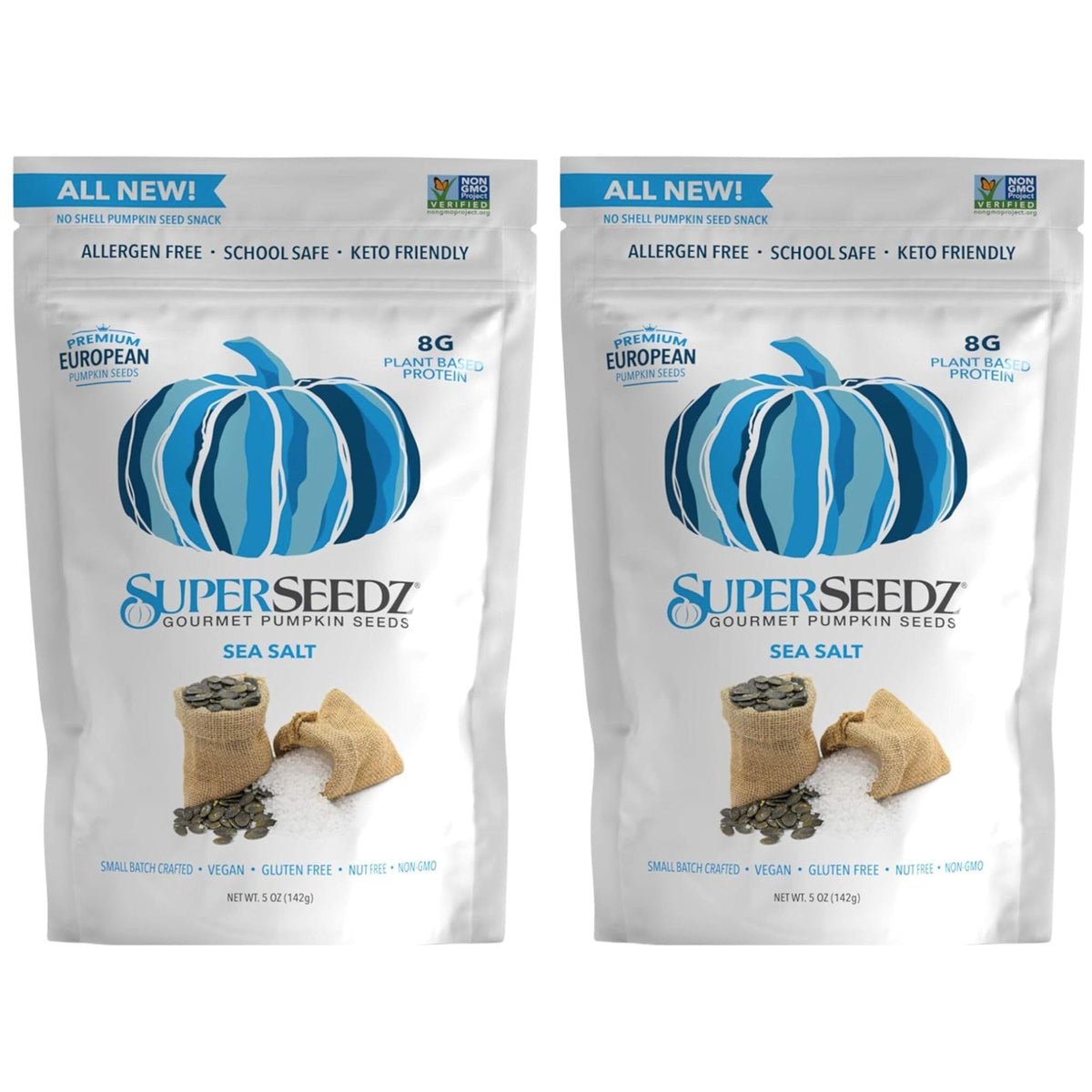 SuperSeedz dry roasted pumpkin seeds sea salt pack image, protein-rich, low-carb snack.