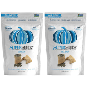 SuperSeedz dry roasted pumpkin seeds sea salt pack image, protein-rich, low-carb snack.