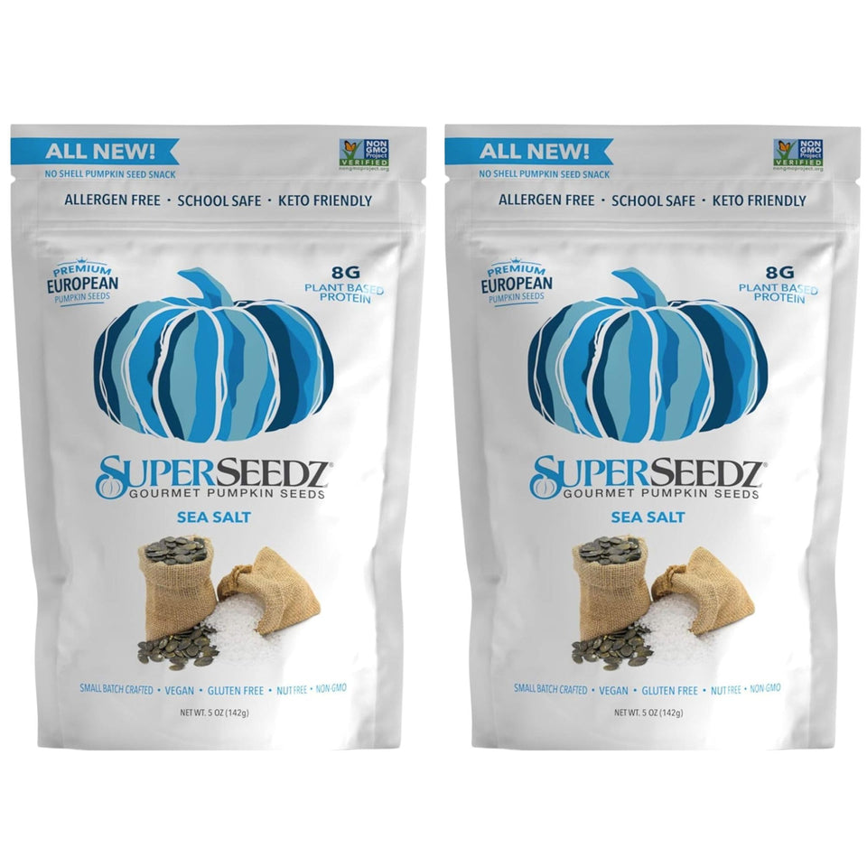SuperSeedz dry roasted pumpkin seeds sea salt pack image, protein-rich, low-carb snack.