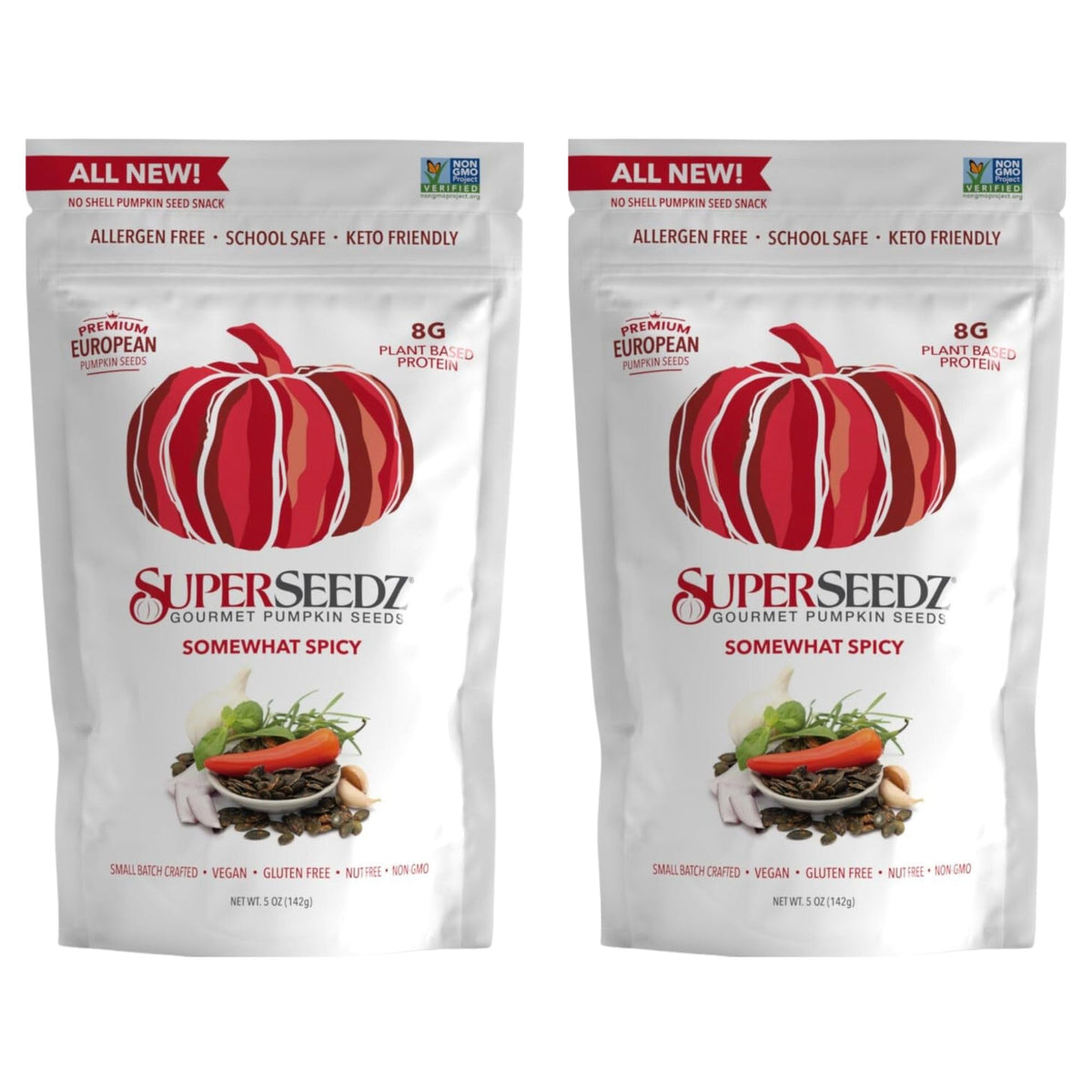 SuperSeedz pumpkin seeds bag ready snack with bold spicy flavor for on-the-go crunch.