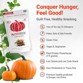 SuperSeedz pumpkin seeds bowl snack highlighting crunchy texture.