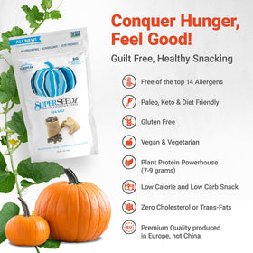 SuperSeedz gluten-free, vegan, nut-free pumpkin seeds for safe snacks.