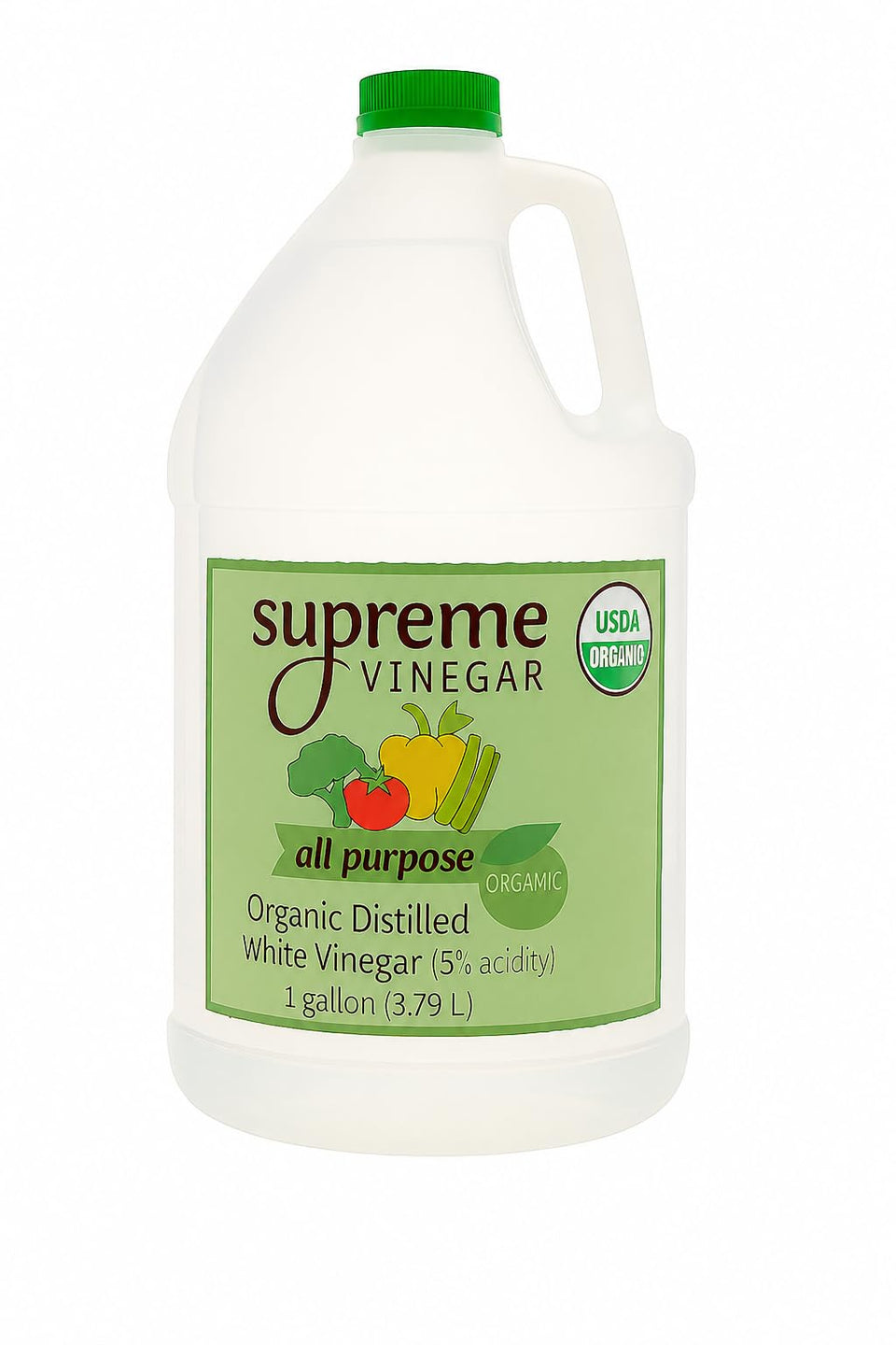 Supreme Organic Distilled White Vinegar one-gallon bottle for organic cooking, cleaning, and pickling.
