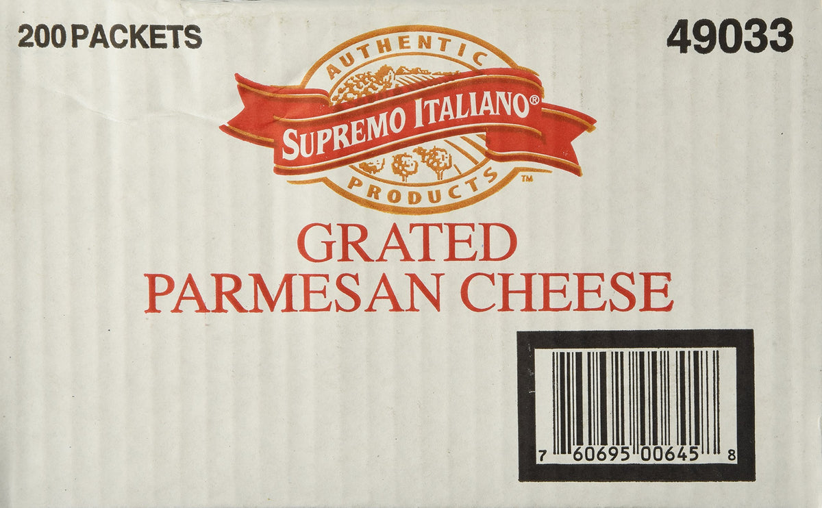Supremo Italiano Parmesan packets packaging; convenient, pre-portioned flavor for salads and pizzas.