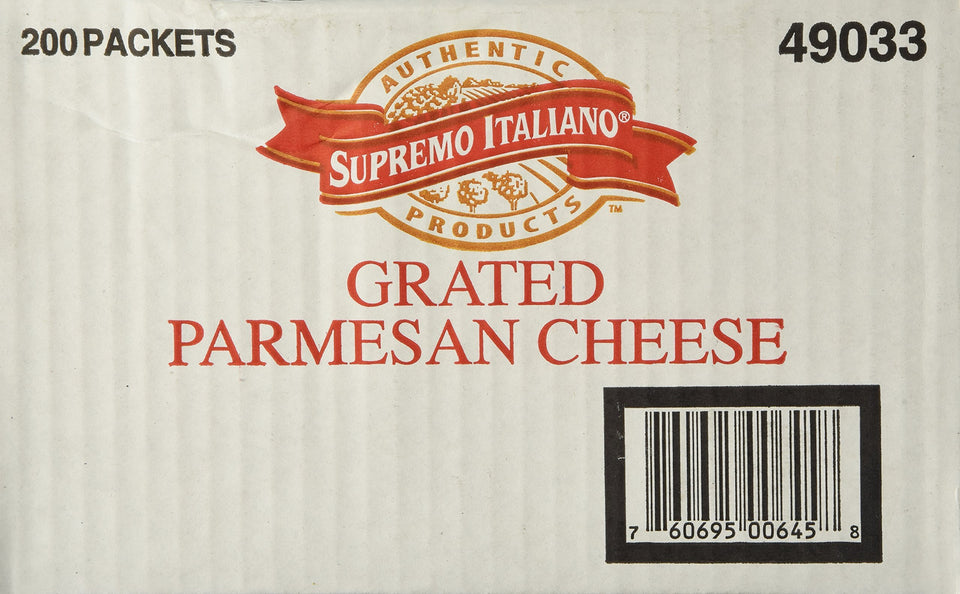 Supremo Italiano Parmesan packets packaging; convenient, pre-portioned flavor for salads and pizzas.