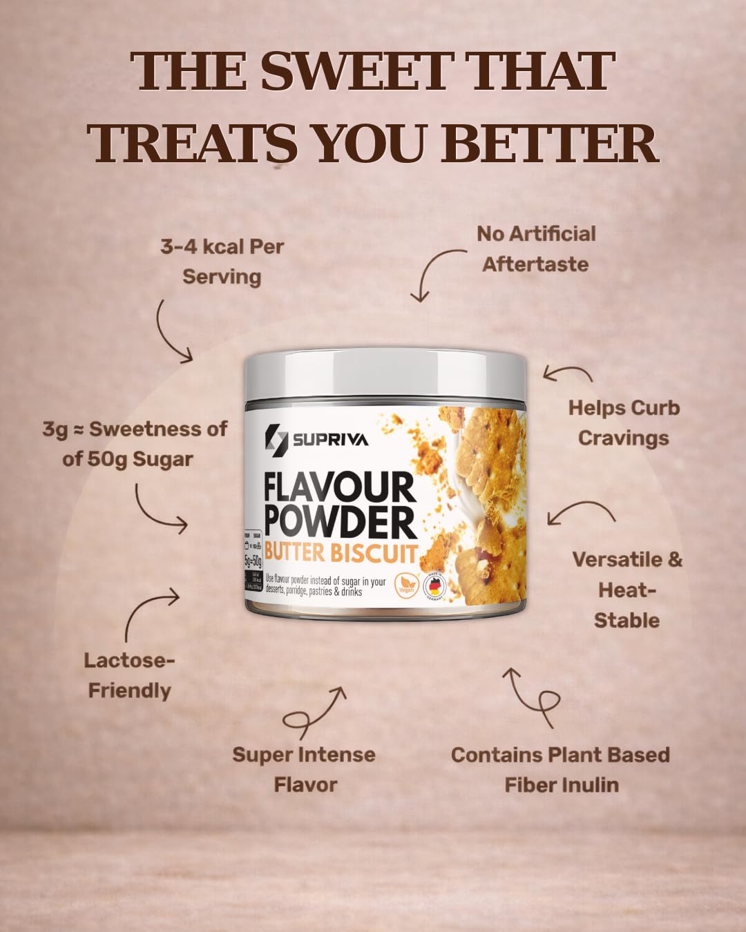 SUPRIVA Flavor Powder enhances baking with sugar-free sweetness for cakes and muffins.