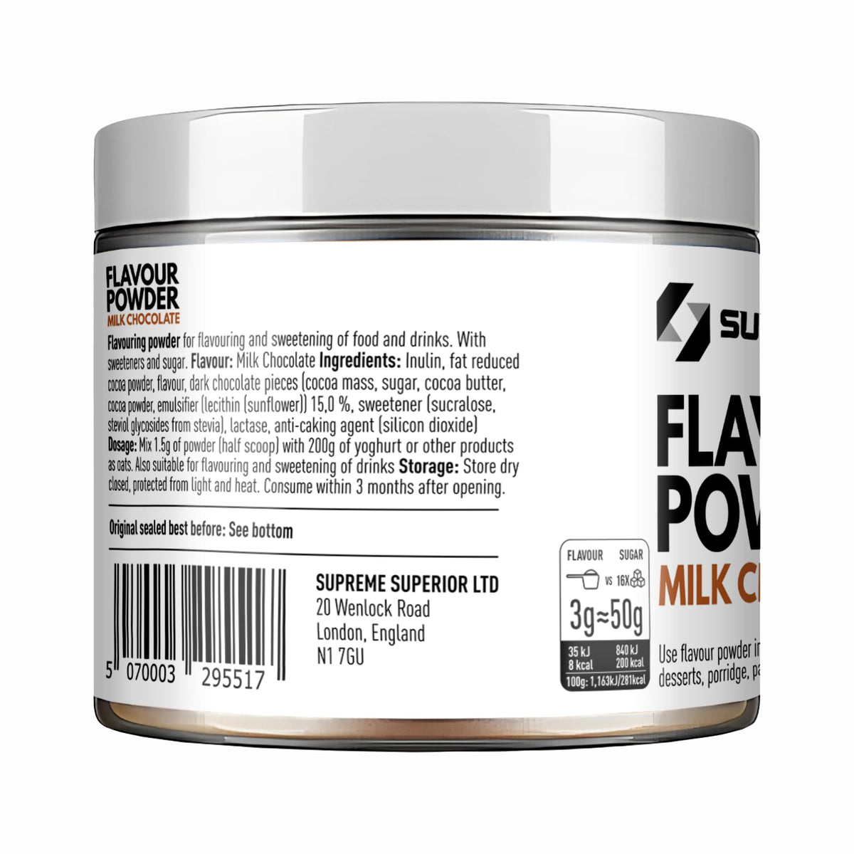 SUPRIVA Flavor Powder Fridge Storage shows compact packaging for on-the-go use.