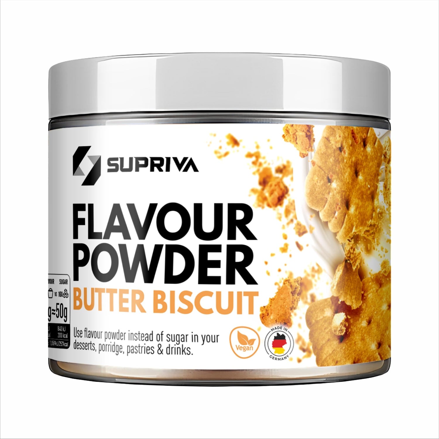 SUPRIVA Flavor Powder Butter Biscuit packaging shows sugar-free indulgence for coffee, yogurt, or shakes.