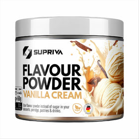 SUPRIVA Vanilla Cream packaging shows a premium, low-calorie sweetener for meals.