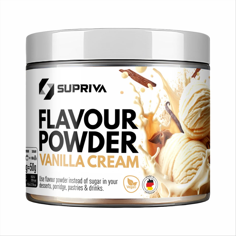 SUPRIVA Vanilla Cream packaging shows a premium, low-calorie sweetener for meals.