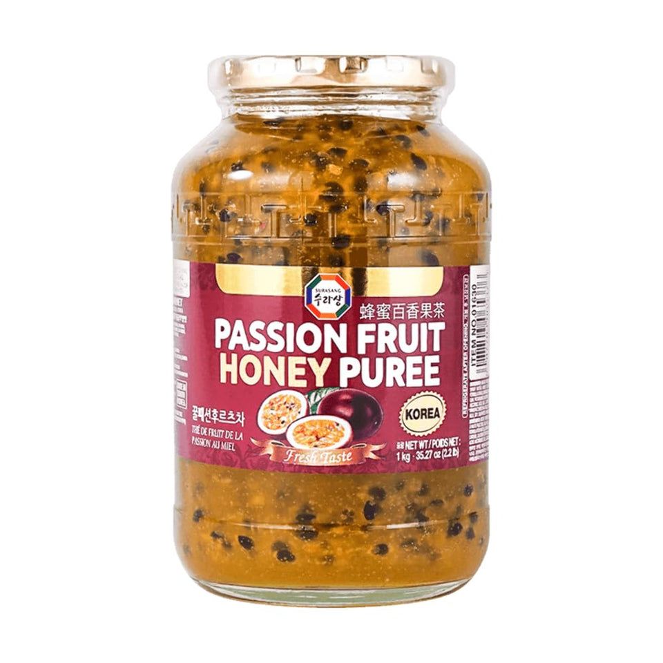 Surasang Passion Fruit Honey Puree bottle pouring, ideal for refreshing tea