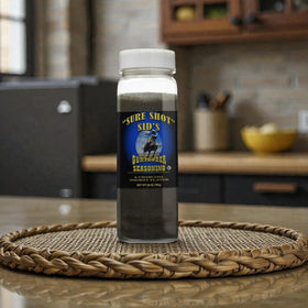 Sure Shot Sid's Gunpowder seasoning with activated charcoal adds depth to grilling.