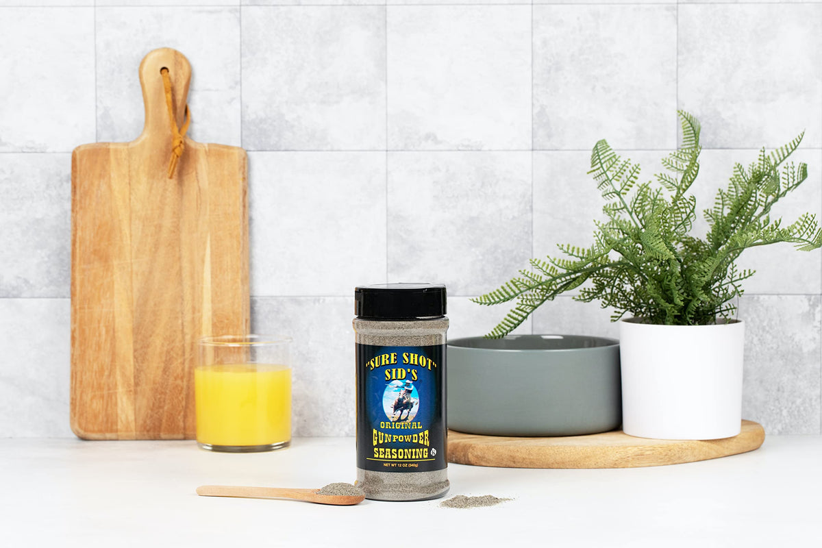 Sure Shot Sid's Original Gunpowder Seasoning activated charcoal detail adds depth to flavor.